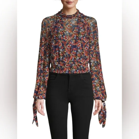 Free People All Dolled Up Sz S Boho Whimsigoth Dark Floral Mesh Blouse - Picture 1 of 14
